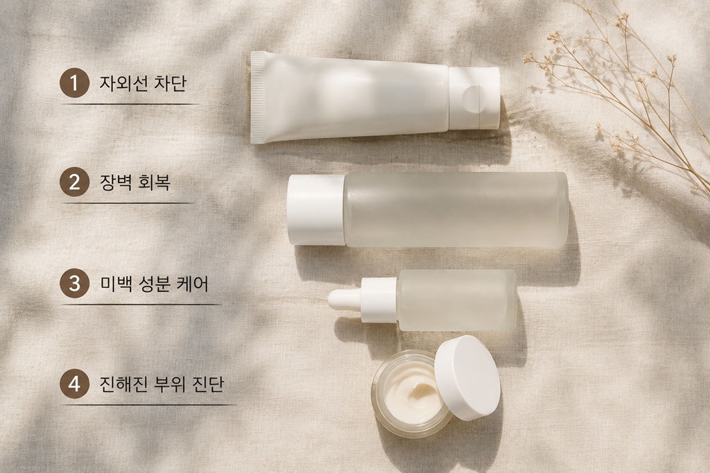 자외선 차단과 피부 장벽 회복, 미백 관리를 순서대로 보여주는 스킨케어 제품