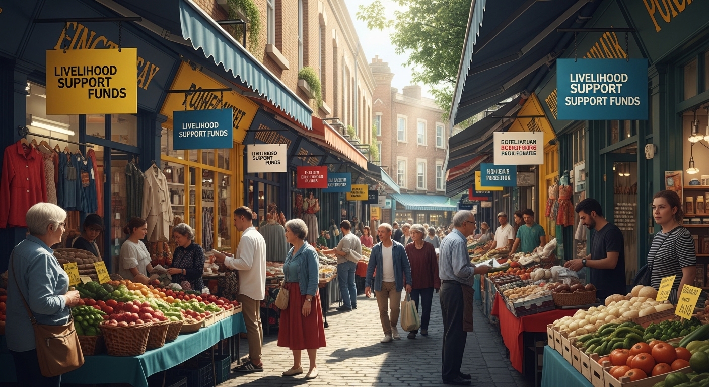 지역 경제 활성화를 위해 민생지원금을 사용하는 동네 상점가와 전통 시장 이미지