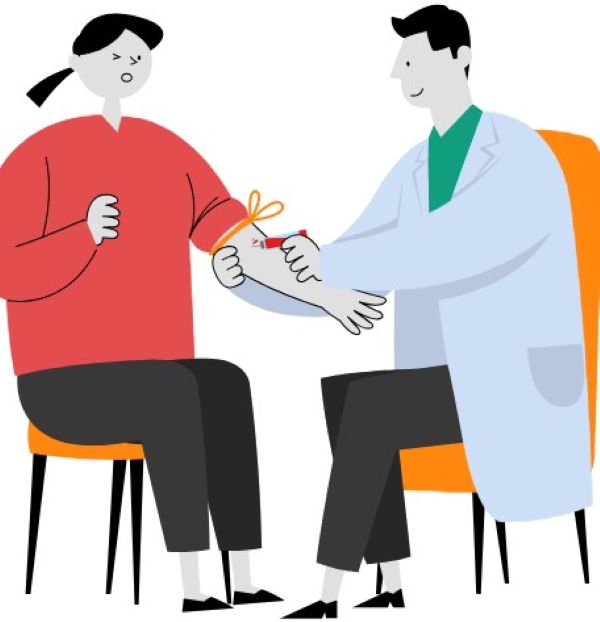 환자 팔에서 피를 채취하는 의사