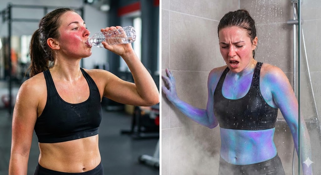 격렬한-운동-후-붉게-상기된-얼굴로-땀-흘리는-모습과-직후-차가운-샤워를-할-때-느끼는-급격한-체온-변화와-신체-충격을-시각화하여-대조한-이미지