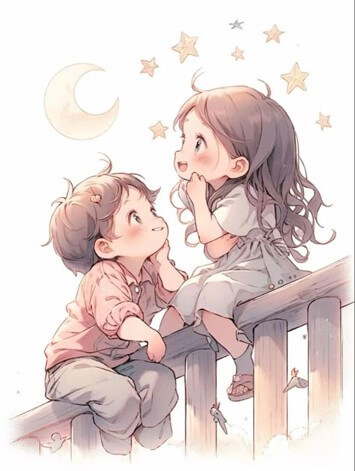 어린시절-남자아이와-여자아이가-난간에-앉아-사랑스럽게-쳐다보는-모습