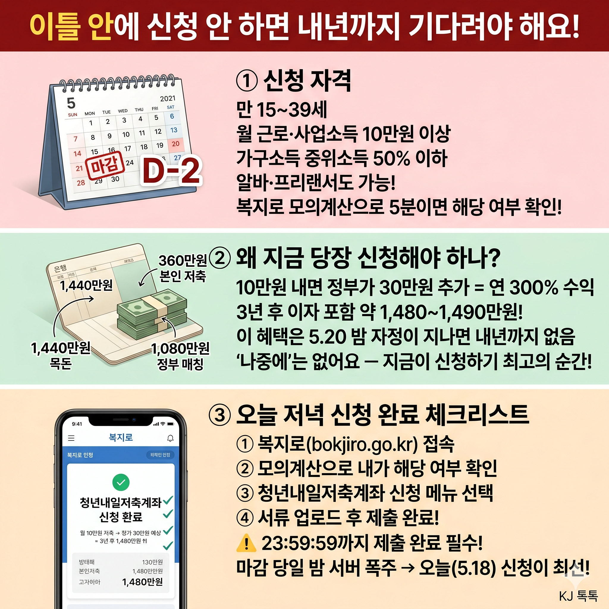 청년내일저축계좌 D-2 마감 &mdash; 5월 20일 밤 11시 59분! 지금 당장 신청하세요!