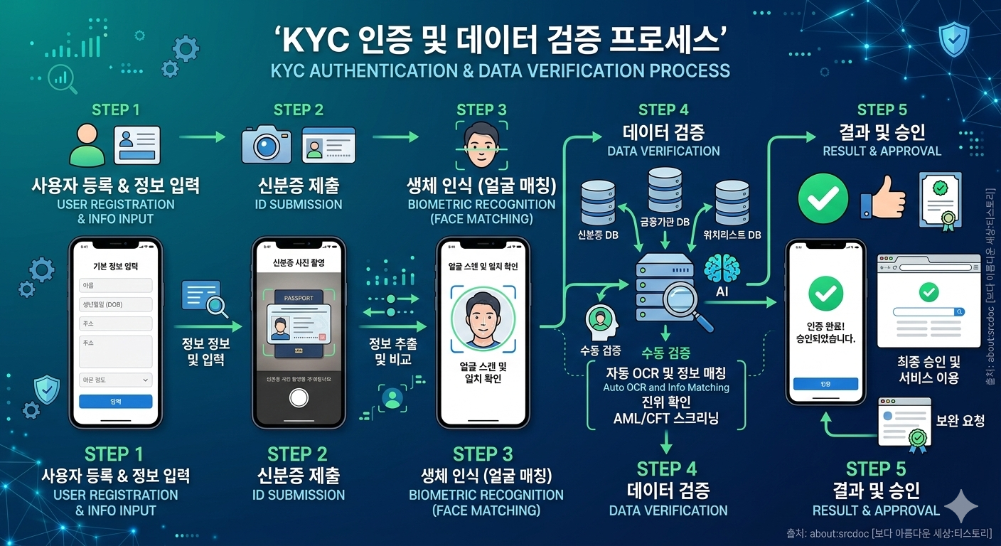 KYC 인증 화면 캡처 또는 데이터 검증 프로세스를 보여주는 인포그래픽