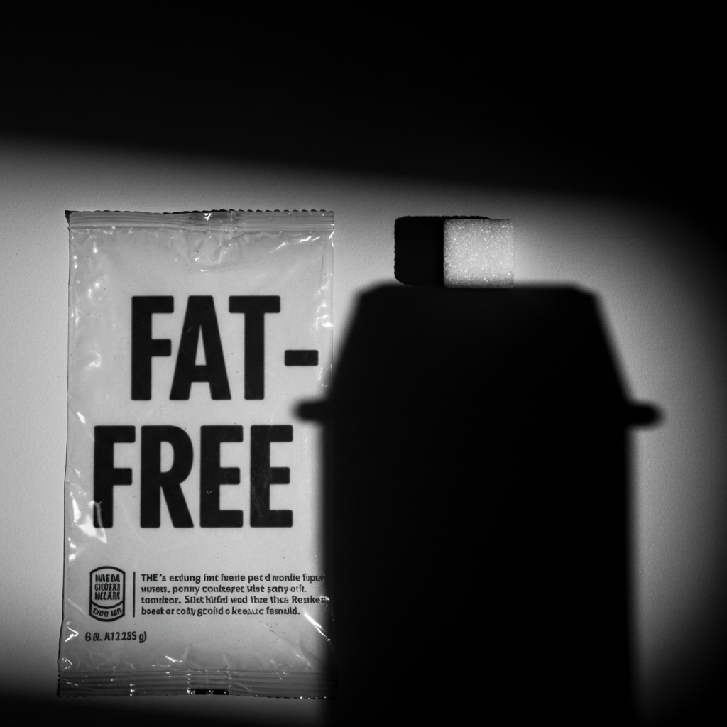 '무지방'이라고 쓰인 식품 포장지가 각설탕 모양의 그림자를 드리우고 있는 모습. 무지방 식품에 숨겨진 설탕을 암시.