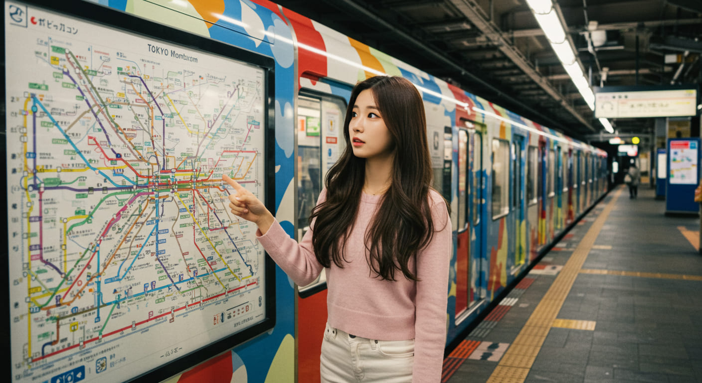 도쿄 지하철 노선도를 가리키는 귀여운 한국 여성