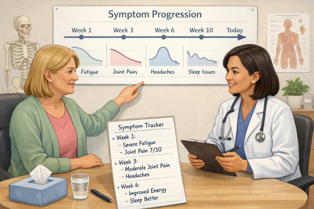 시간 경과에 따라 피로, 관절 통증, 두통, 수면 문제 등 증상의 변화 양상을 의사와 환자가 함께 확인하며 판단하는 진료 장면