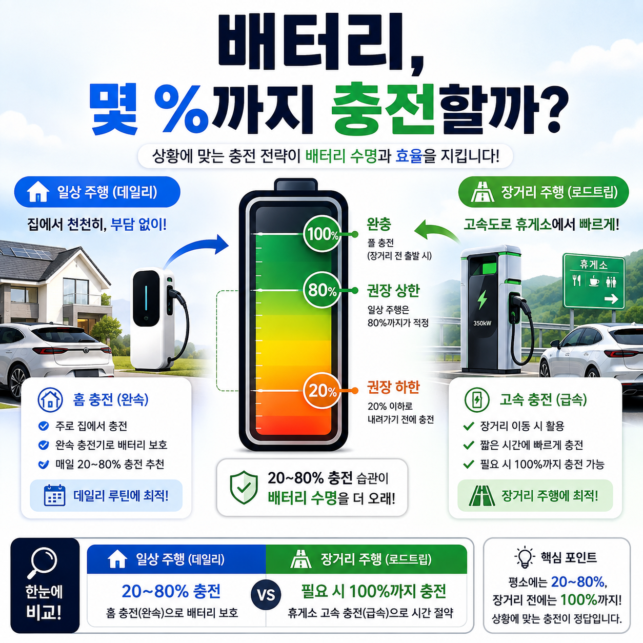 전기차 배터리 수명 관리를 위해 20퍼센트 80퍼센트 100퍼센트 충전을 비교하는 모습