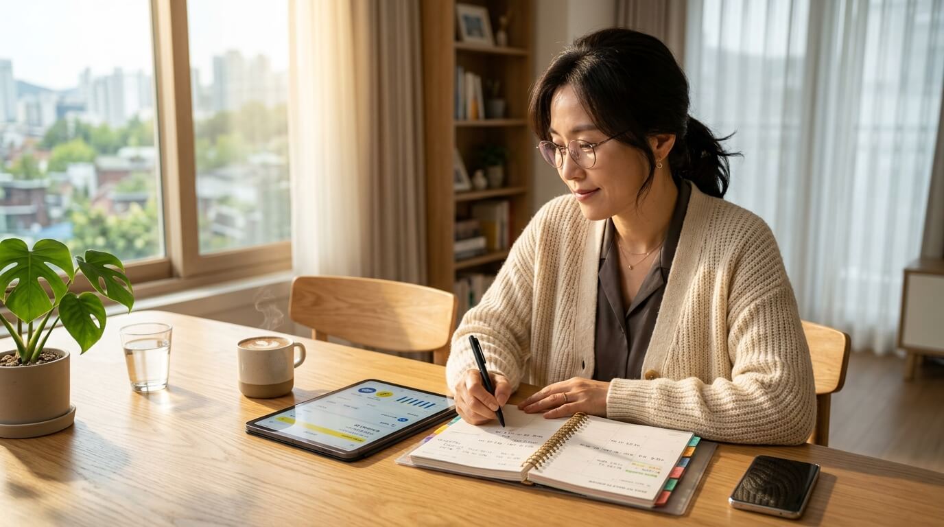 3월 새 학기를 맞아 2026 근로장려금 반기신청과 교육급여 일정을 다이어리에 꼼꼼히 정리하는 엄마