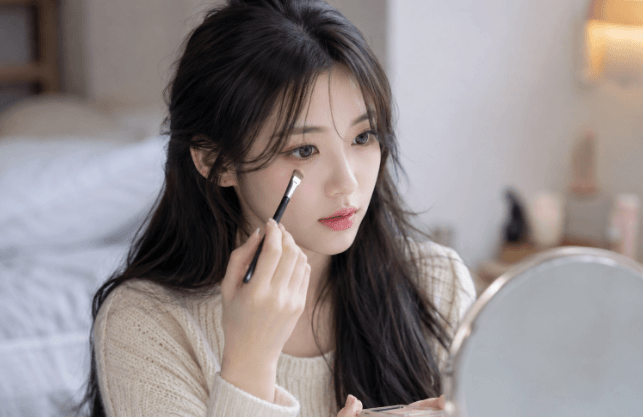 거울보며 화장하고 있는 여자