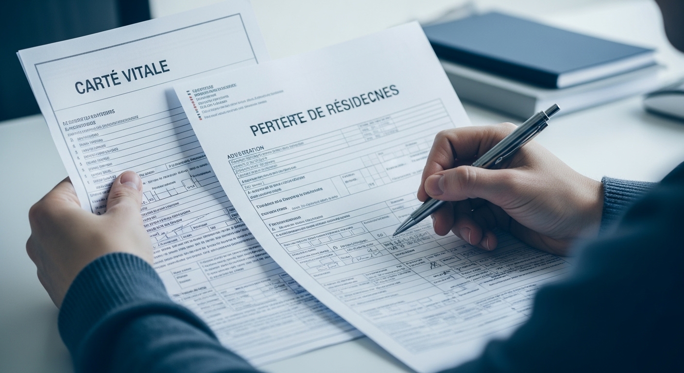 복잡한 프랑스 행정 서류를 작성하는 손, 까르트 비탈 신청의 어려움을 나타냄.