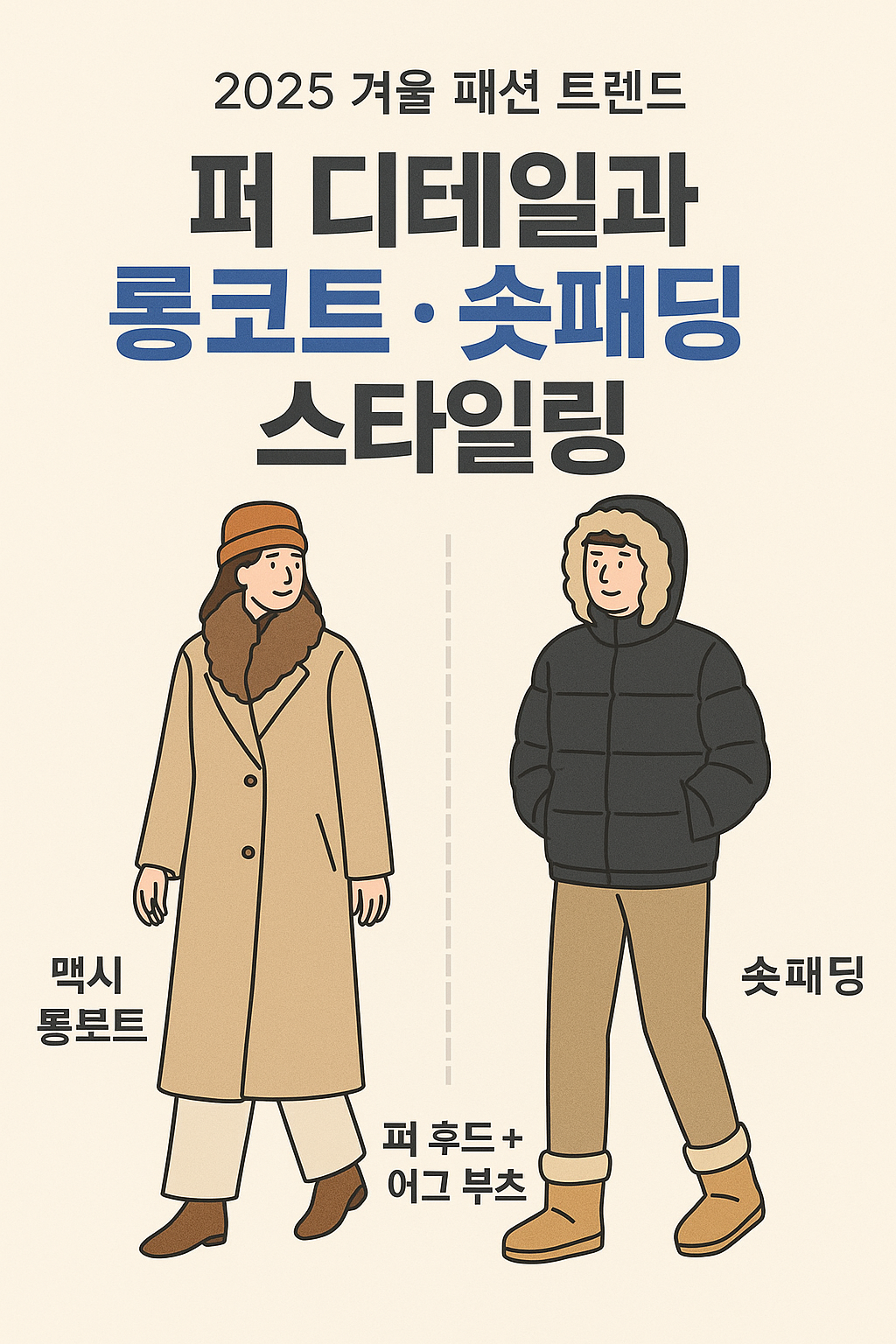 “2025 겨울 패션 트렌드, 퍼 디테일과 롱코트·숏패딩 스타일링 인포그래픽”