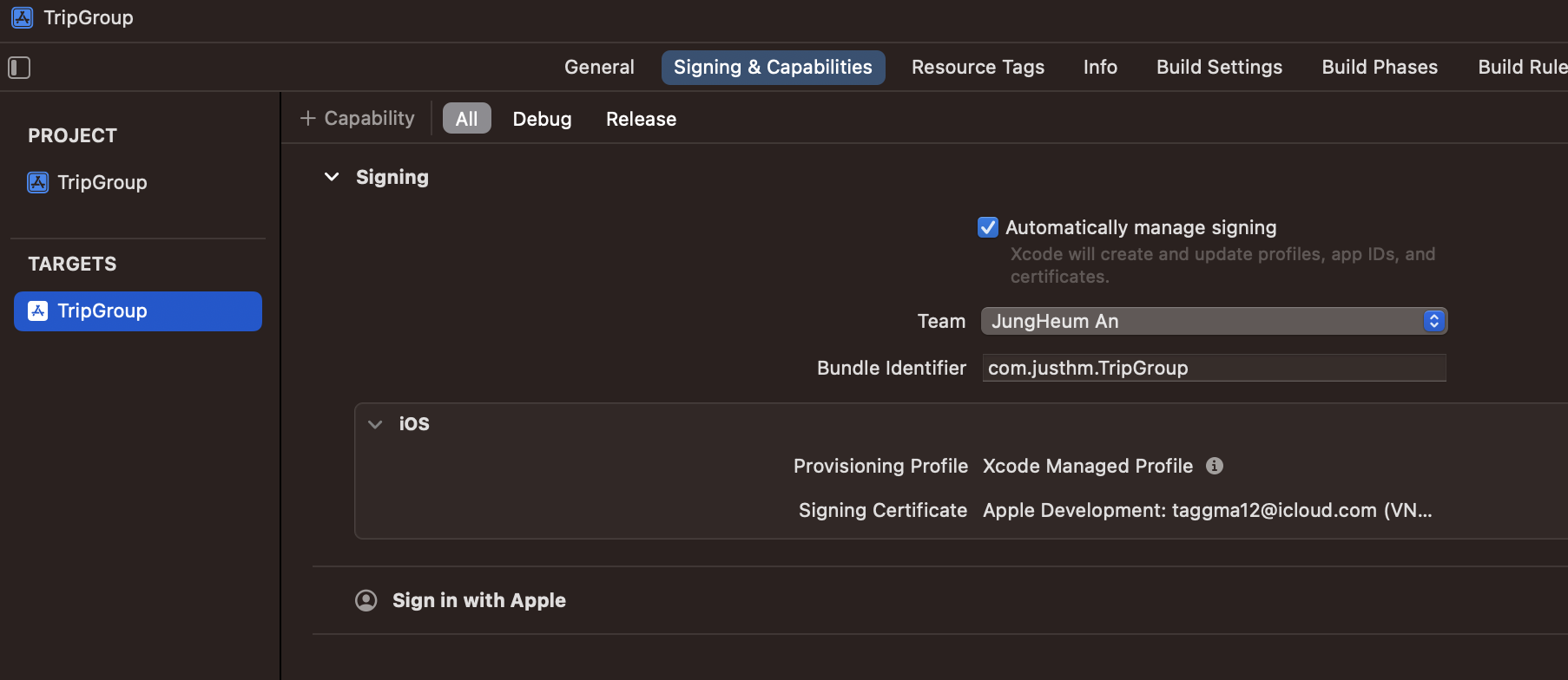 project target setting - sign in with apple