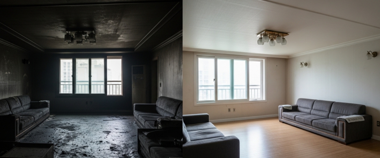 실내 화재 청소 전후 모습