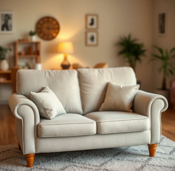 연한베이지색 2인용 소파가 거실에 있습니다.