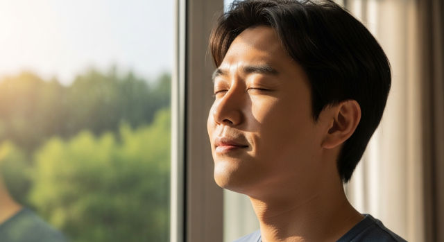 자연 속에서 깊게 숨쉬는 건강한 남성