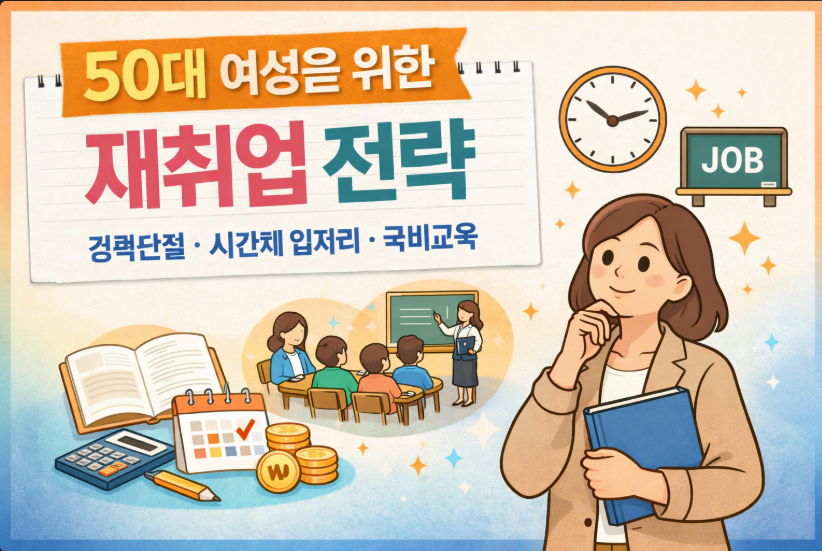 경력단절을 겪은 50대 여성이 시간제 일자리와 국비교육을 통해 재취업을 준비하는 과정을 표현한 안내용 이미지입니다.