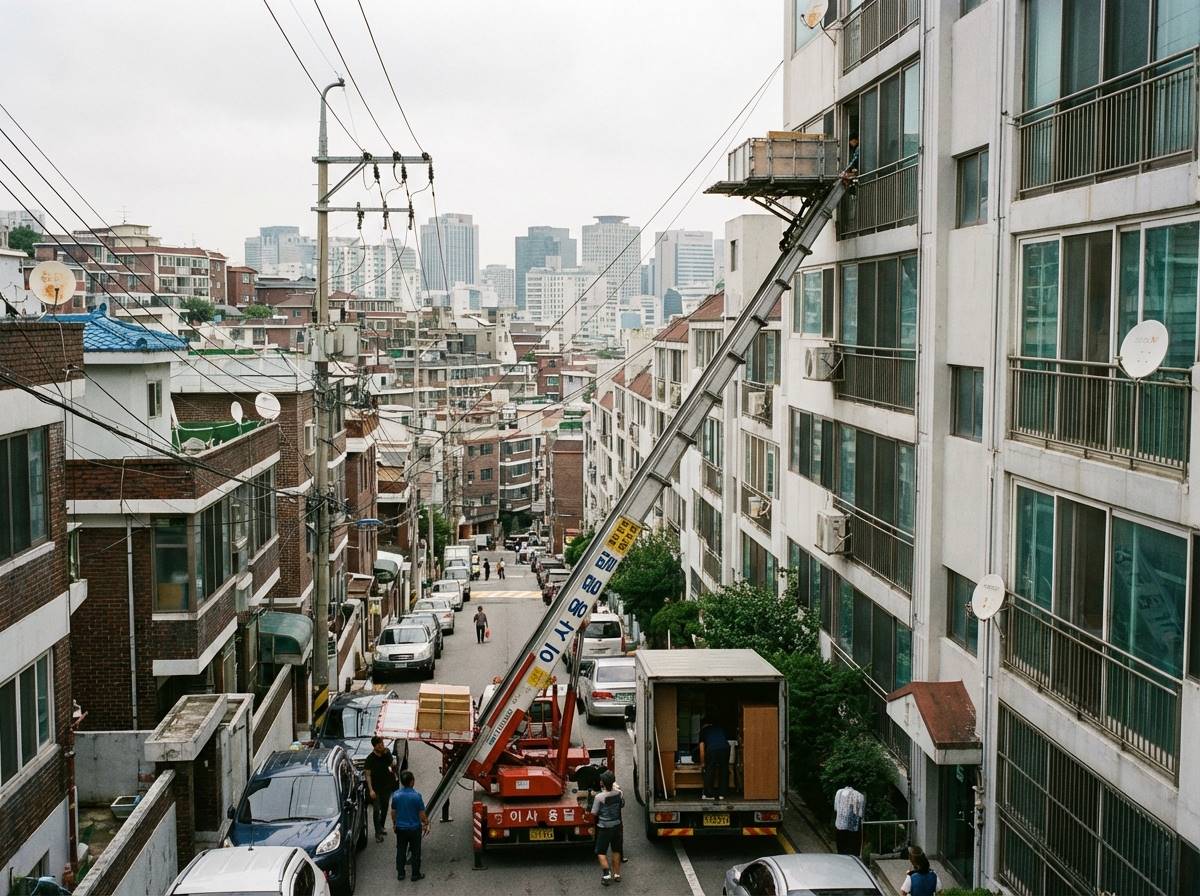 서울 도심의 빽빽한 아파트 숲 위로 '이삿짐 사다리차'가 분주하게 움직이는 모습