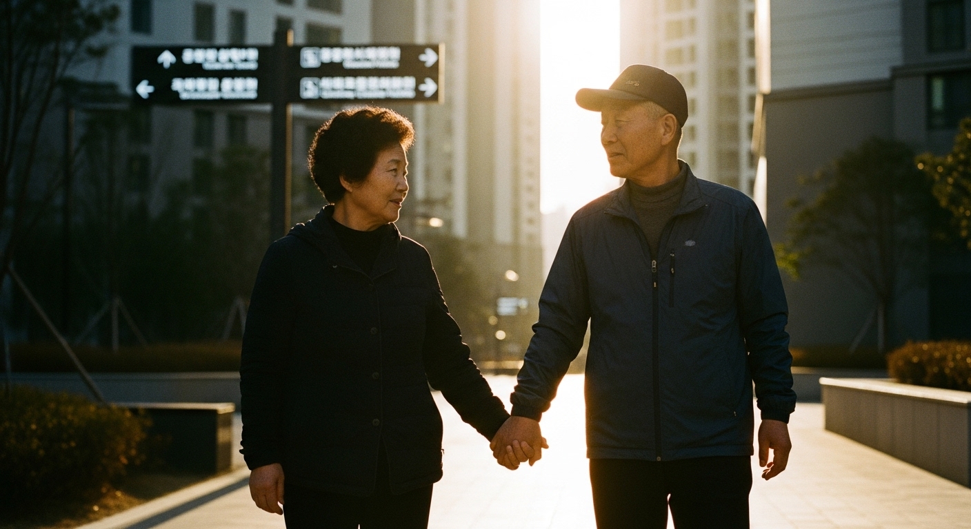 서울 아파트 단지 산책로를 걷는 은퇴 부부의 평온한 오후