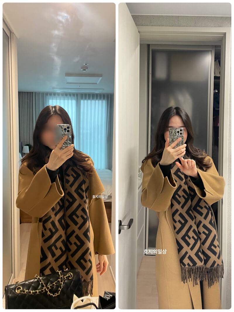 펜디 FF 캐시미어 스카프 머플러 - 코트 착용샷