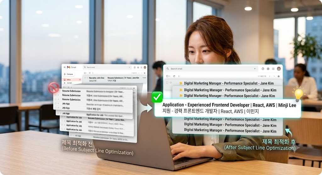 노트북 화면을 통해 'Resume Submission'과 같은 모호한 제목과 최적화된 전문적인 제목의 차이를 비교하는 모습