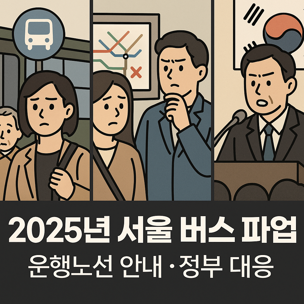 2025년 서울 버스 파업 상황을 나타낸 세 장의 패널 이미지 – 시민, 노선 혼잡, 정부 발표 장면 구성