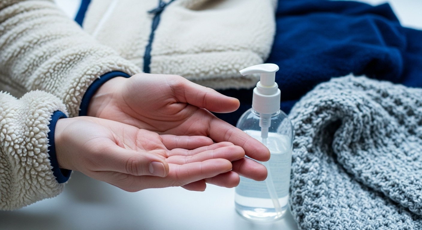 손 소독제 사용으로 건조해진 손과 주변의 합성섬유 의류를 보여주며, 건조한 피부와 합성섬유가 정전기를 유발함을 시사하는 이미지.