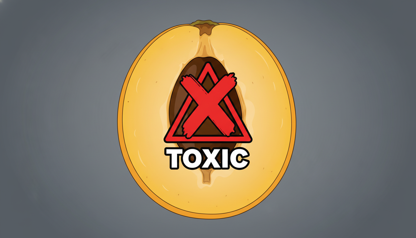 독성이 있는 비파 씨앗을 강조하며 경고 표시가 있는 그림.