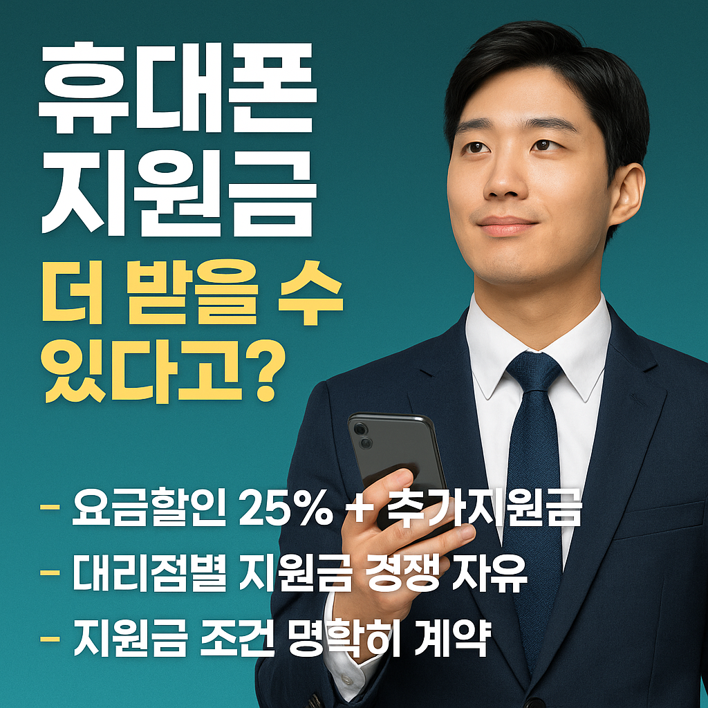 정장을 입은 젊은 직장인이 스마트폰을 들고 미소 짓고 있으며, '휴대폰 지원금 더 받을 수 있다고?'라는 문구와 지원금 관련 요점이 강조된 이미지
