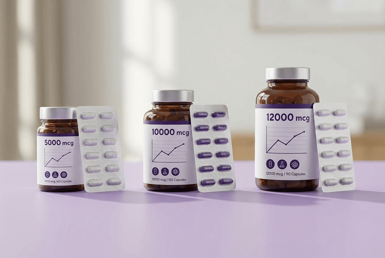 다양한 함량과 제형의 비오틴 영양제가 나란히 놓여 있고 차이점을 비교하는 인포그래픽