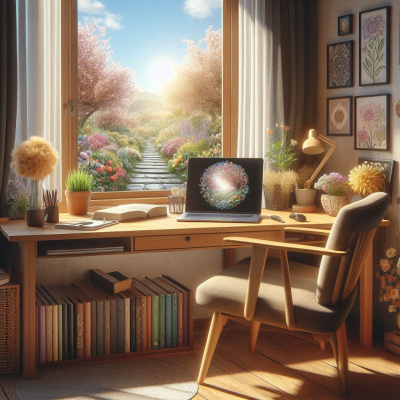자연 풍경을 배경으로 창가에 놓인 책상과 꿈 관련 웹사이트