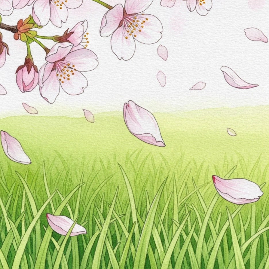 바람에 날리는 벚꽃 잎과 푸른 풀밭의 조화