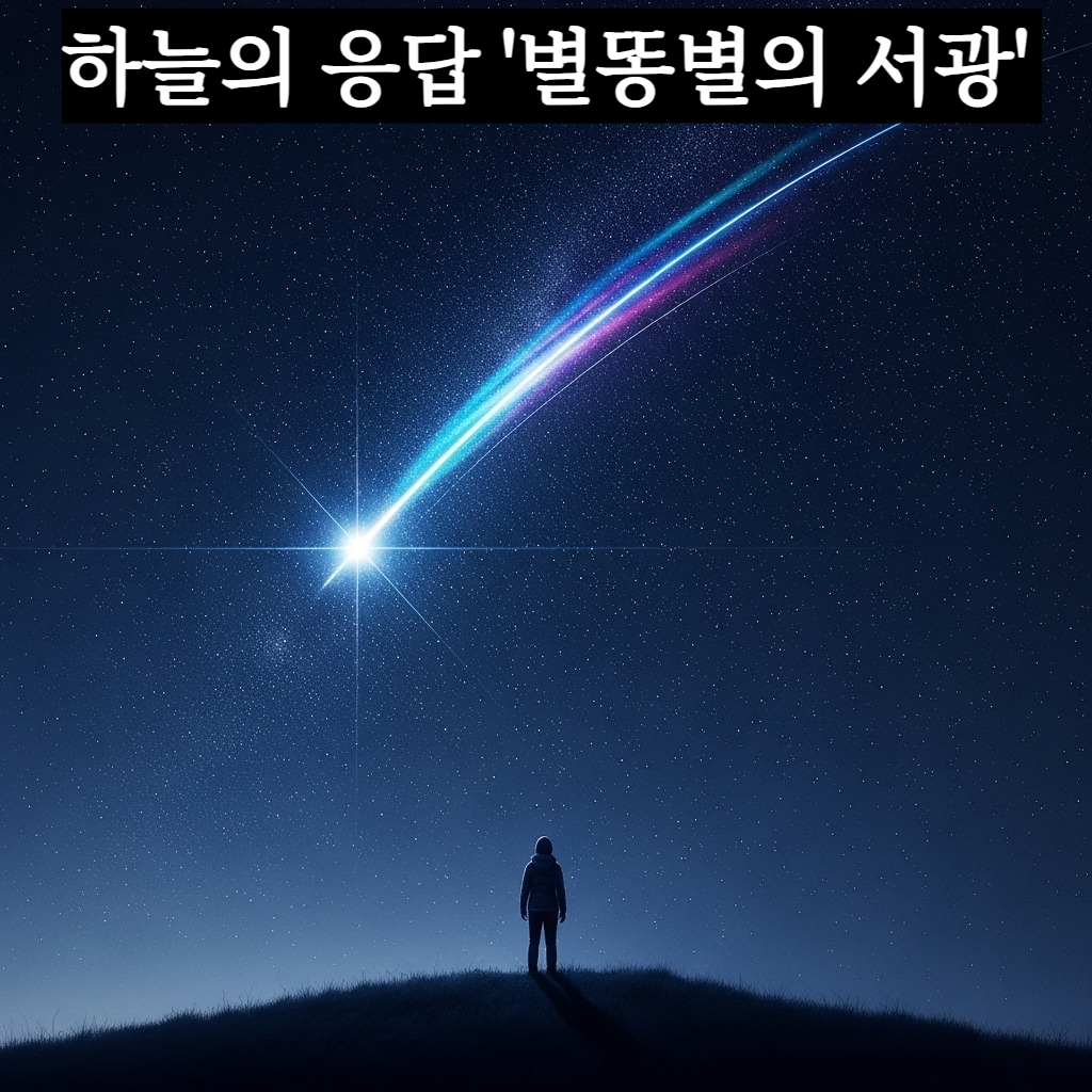 깊고 푸른 밤하늘을 가로지르며 눈부신 빛의 꼬리를 남기고 떨어지는 거대한 유성과 반짝이는 별들의 장엄하고 신비로운 풍경 일러스트
