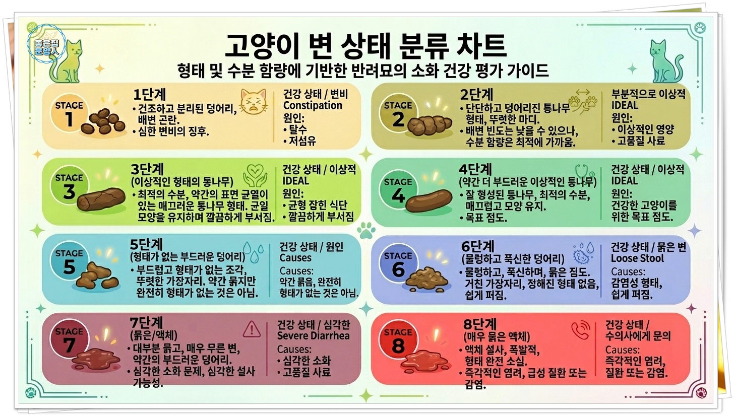 고양이의 변 상태를 형태와 수분 함량에 따라 단계별(1~7단계)로 구분하여 보여주는 인포그래픽 도표