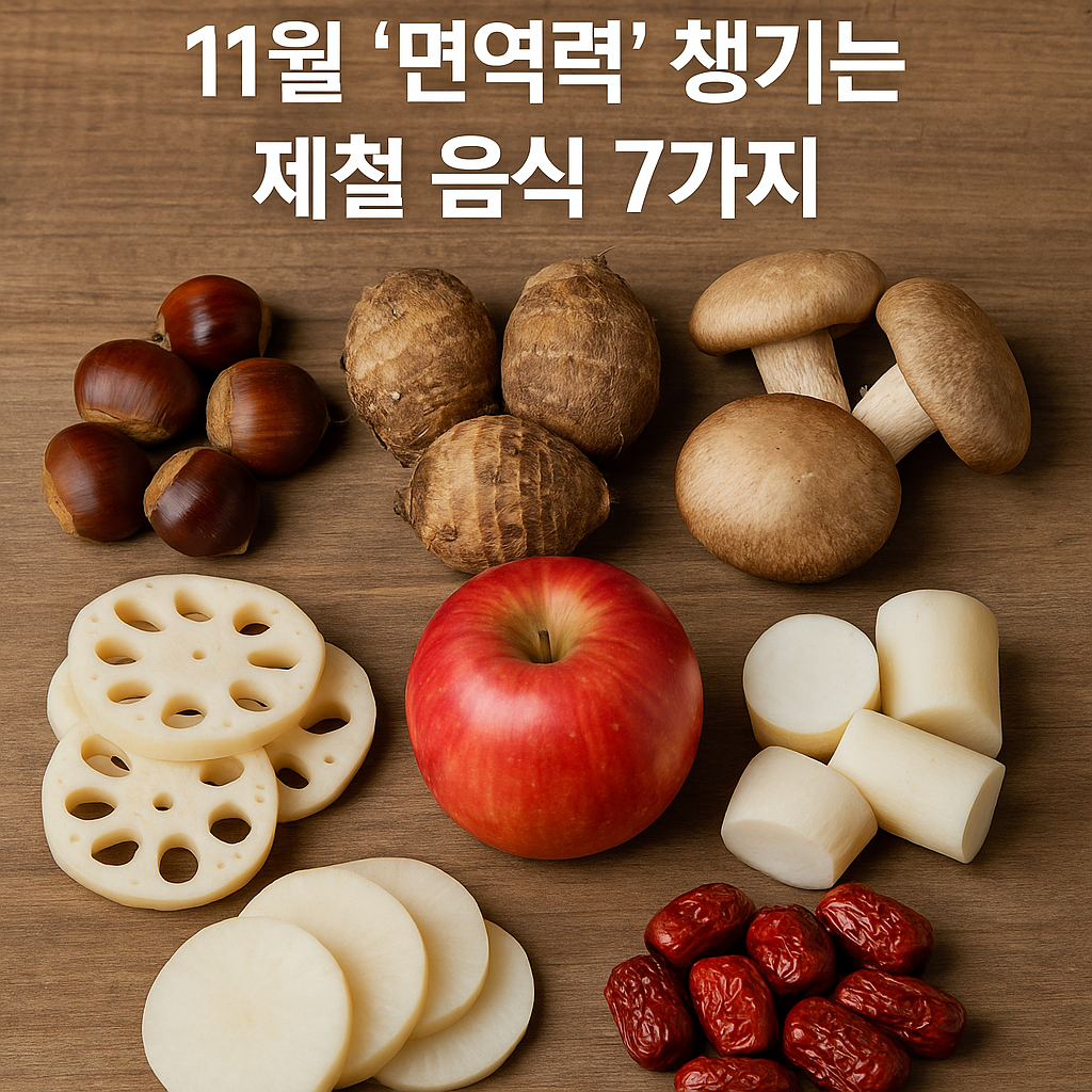 “따뜻한 나무 배경 위에 밤, 토란, 연근, 버섯, 사과, 무, 대추 등 7가지 11월 제철 식재료가 실물 사진처럼 정갈히 배치된 이미지”