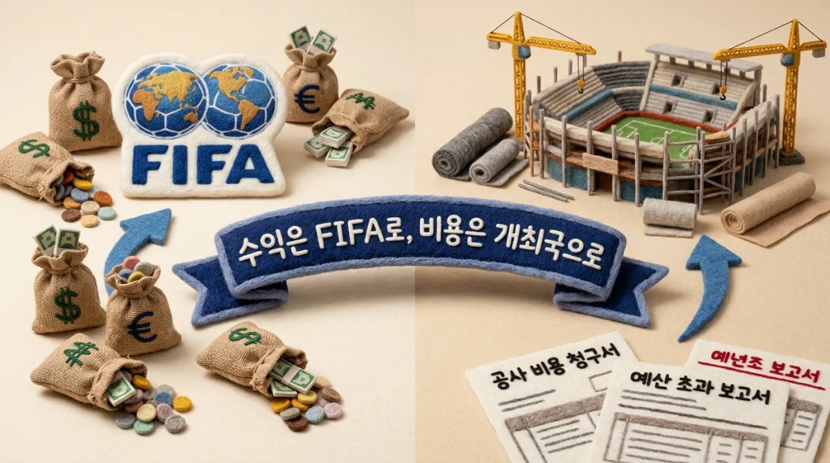 FIFA 수익과 개최국 비용 구조를 비교한 니들 펠트 인포그래픽