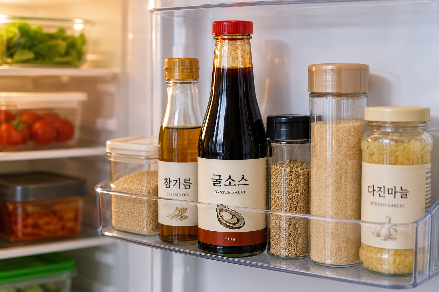 냉장고 안쪽 칸에 보관된 굴소스 장면