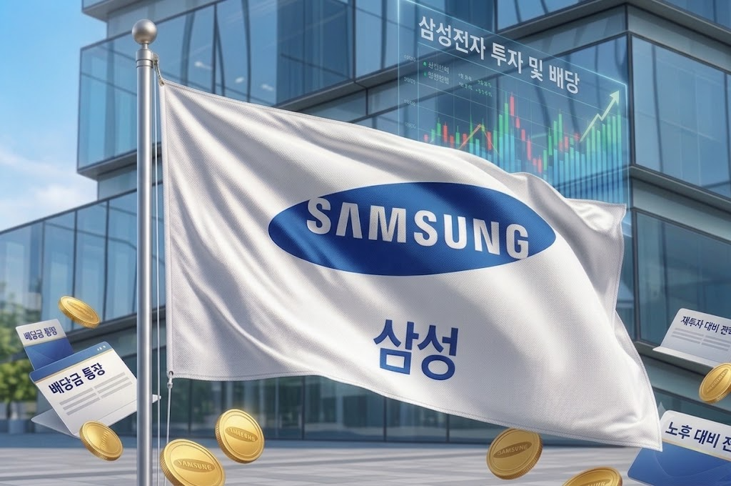 삼성전자 주가 상승 차트, 배당금 통장, 삼성 깃발이 포함된 삼성전자 배당금 및 가치 투자 상징 이미지