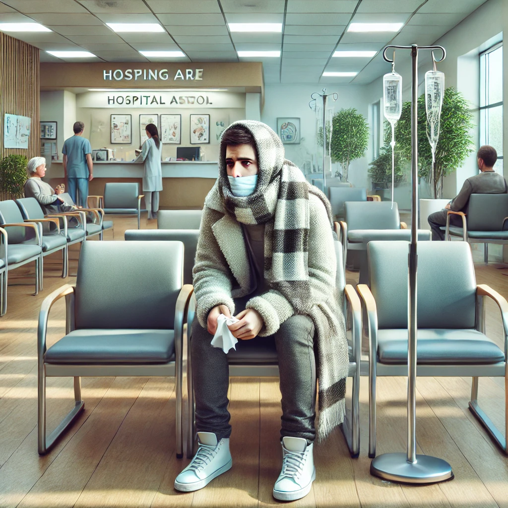 병원에서 기다리고 있는 독감 환자의 이미지