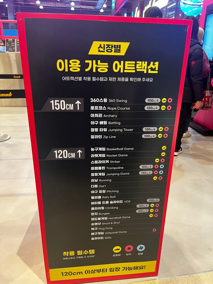 스포츠몬스터 이용가능 어트랙션 설명표