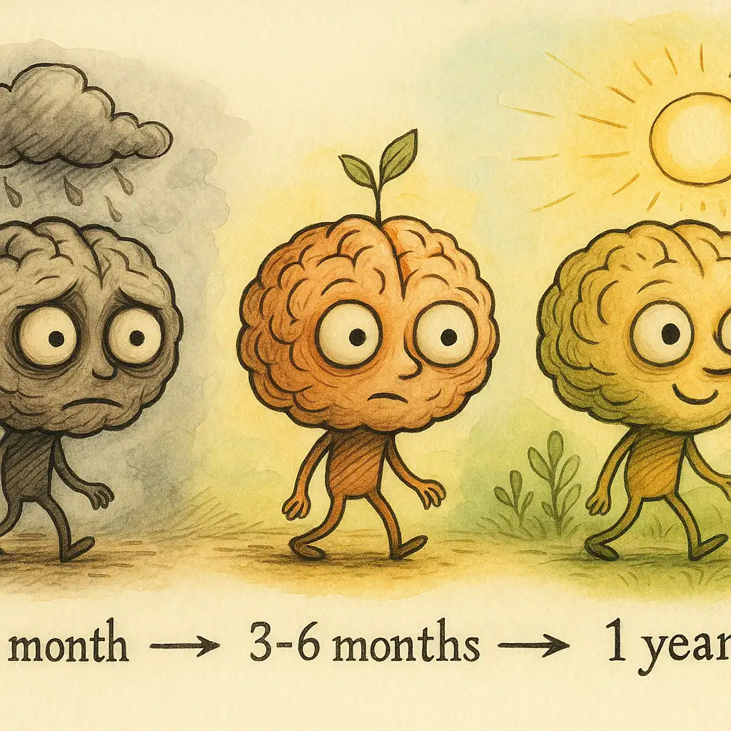 알코올 중단 후 시간 경과에 따른 뇌 회복 단계를 보여주는 시각적 타임라인 또는 점진적으로 건강해지는 뇌 일러스트