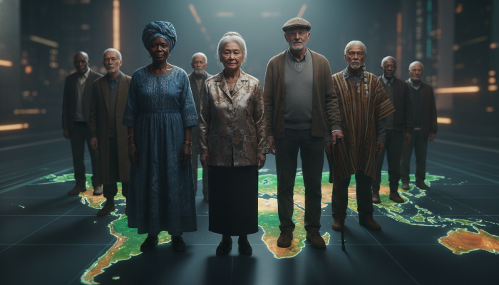 다양한 국적의 노인들이 세계 지도를 배경으로 함께 서 있는 모습. 고령화 사회의 지혜와 연대를 상징하며, 전 세계 노인 인구 증가와 미래 사회의 변화를 나타냅니다.