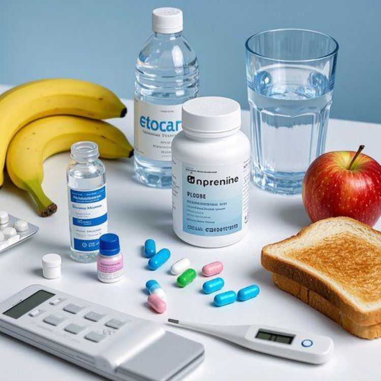 다양한 장염 치료제와 건강 관련 소품이 깔끔하게 배치된 구성. 중앙에는 로페라마이드, 프로바이오틱스, 스멕타 등의 다양한 약물이 분류별로 정리되어 있고, 그 주변으로 물잔과 생수병, BRAT 식이에 해당하는 바나나와 사과, 토스트가 보인다. 한쪽에는 디지털 체온계와 경구 수분 보충액이 놓여있고, 배경은 밝고 깨끗한 흰색 테이블 위에 정리된 모습. 의학적 신뢰감을 주는 전문적인 느낌의 사진