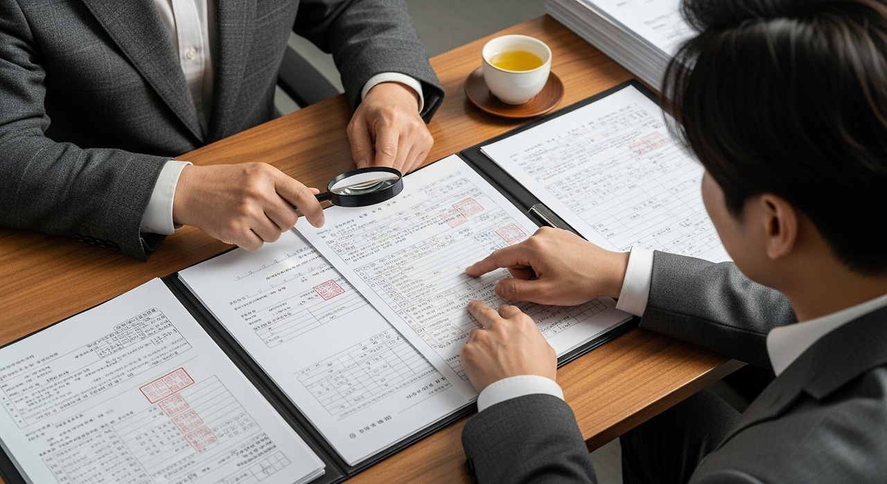 서울 법률/세무 사무소의 나무 책상 위에서 진지하게 상속 문서를 검토하는 모습.