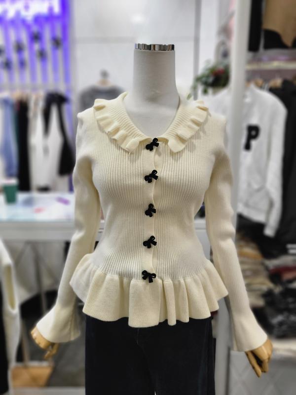 밸리걸 리본 버튼 프릴 러플 골지 가디건 229159