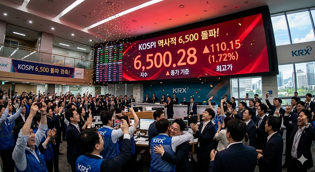 한국거래소(KRX) 전광판에 '6,500' 돌파를 알리는 빨간 숫자가 선명하게 찍힌 현장 사진