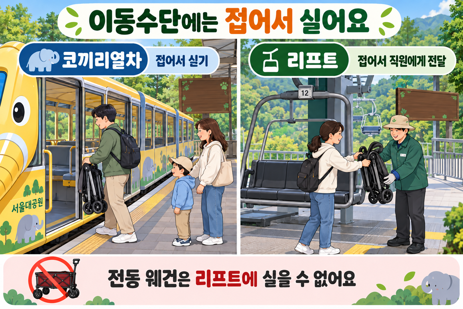 코끼리열차에는 접어서 싣고 리프트는 접은 유모차를 직원에게 전달하는 방법