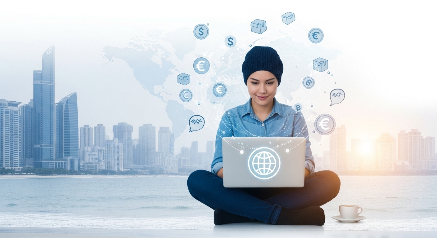 노트북으로 드롭쉬핑 사업을 운영하며 달러를 버는 기업가의 모습. 편안한 자세로 글로벌 시장을 연결하는 이미지를 보여줍니다.