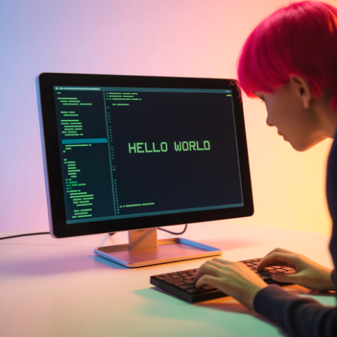 Claude Code cli 환경에서 hello world를 구현하는 개발자 모습