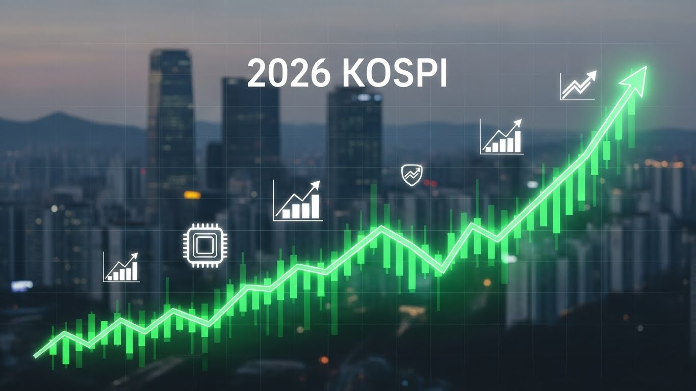 A dynamic, upward-trending KOSPI index graph highlighted in vibrant green light against the backdrop of a bustling Seoul skyline. The text "2026 KOSPI" is clearly inscribed above the graph. The overall atmosphere should be optimistic and forward-looking. Subtle glowing icons representing semiconductor chips, stock charts, and rising arrows (similar to value-up program logos) subtly enhance the scene. Emphasize a modern and clean design.