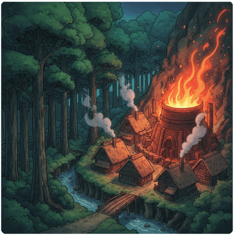 alt="모노노케 히메 속 타타라바를 모티브로 한 일러스트로써 숲과 철 생산 마을이 대비되며, 연기와 불꽃이 산업화의 상징으로 표현된 모습."